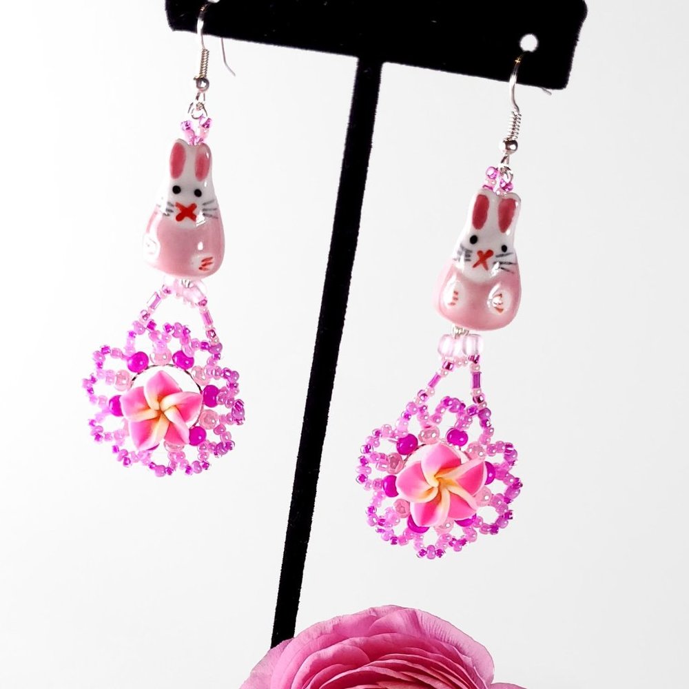 Colorful Ceramic Pink Bunny Beaded Dangling Earrings, BOHO